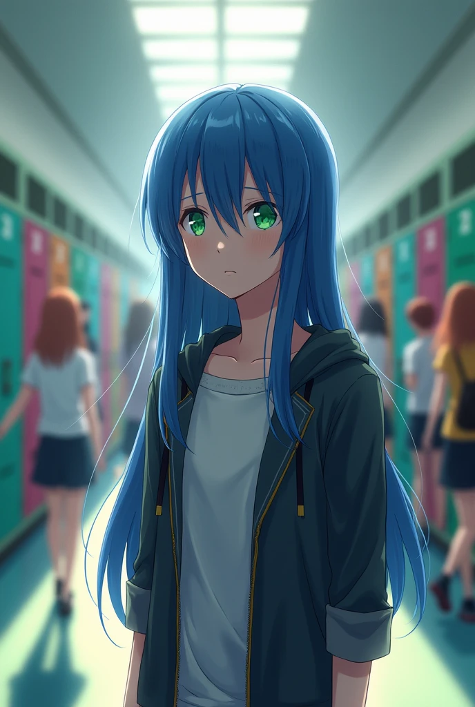 Male anime character high school student with blue long hair, covering his green eyes standing, looking sad 