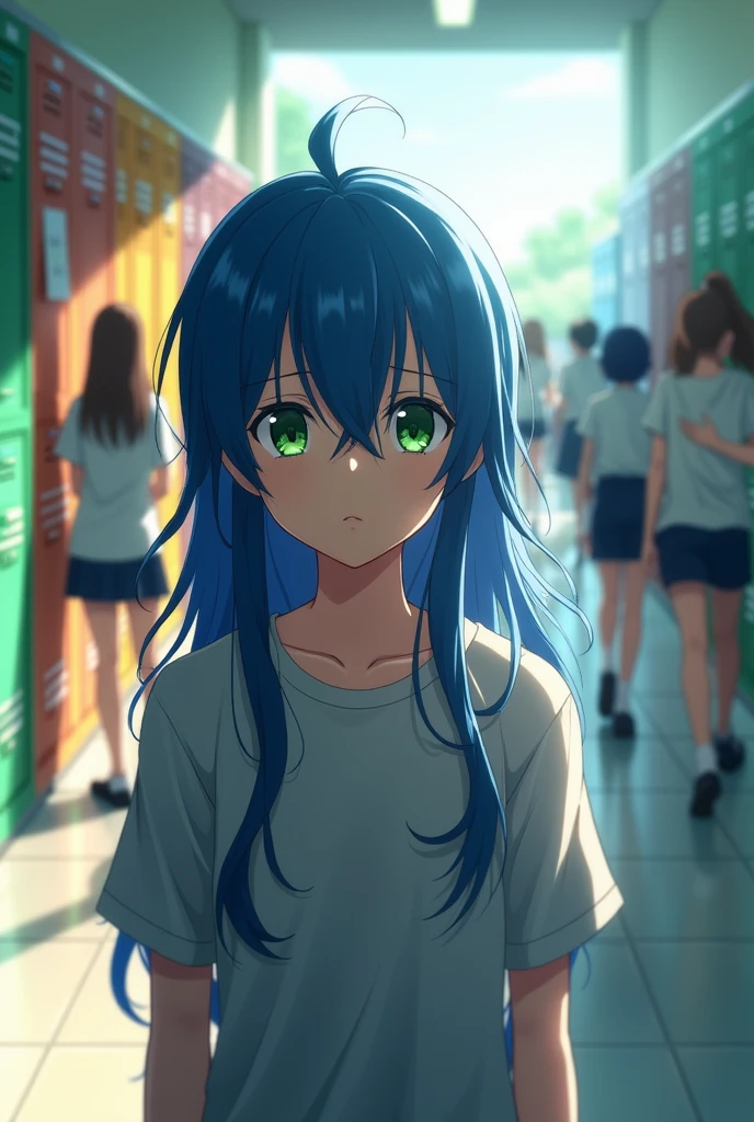 Male anime character high school student with blue long hair, covering his green eyes standing, looking sad 