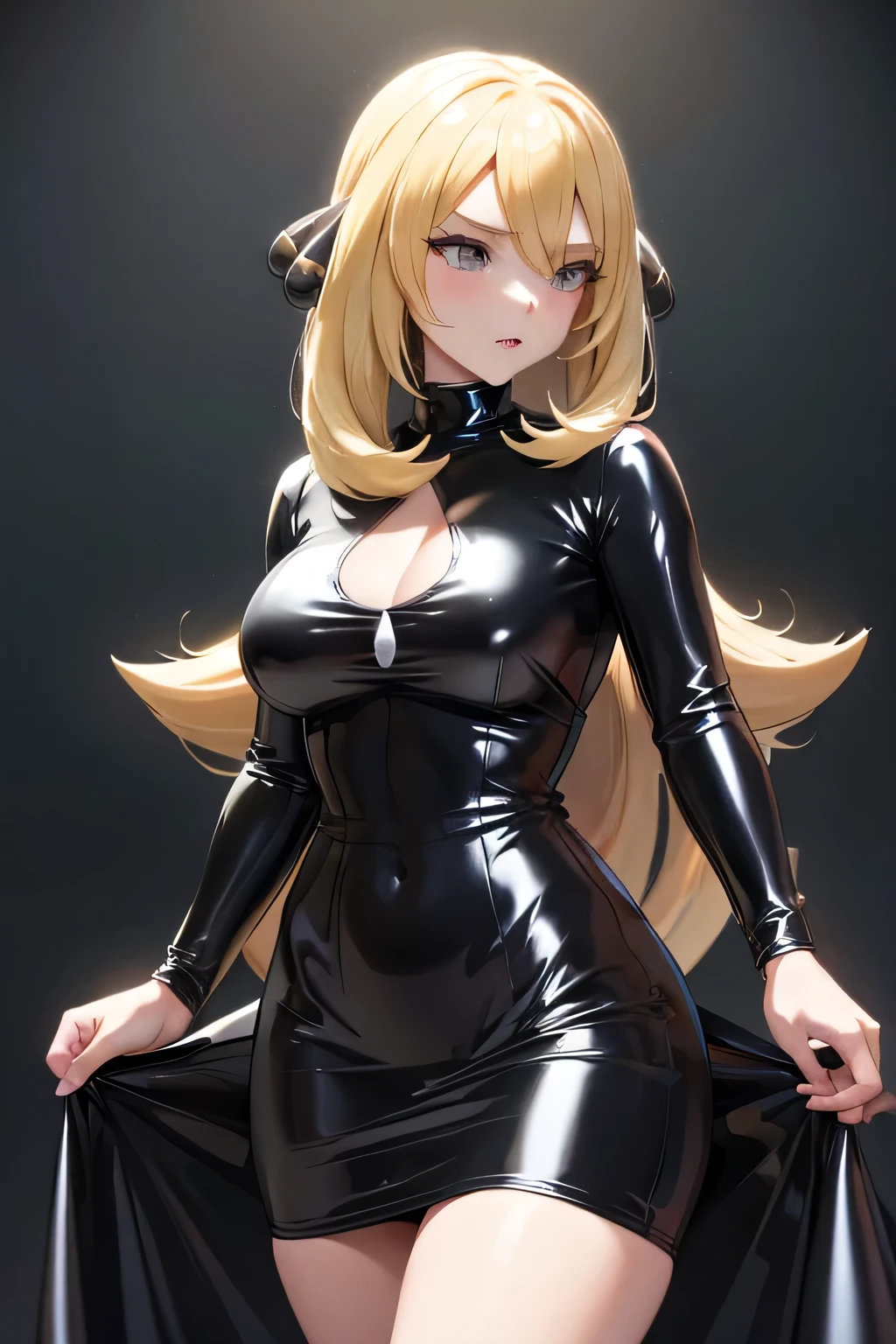 Perfect Anatomy Highest quality,Highest Resolution,(((Latex black dress))) Pokémon Cynthia Blonde long hair woman Age 27 curvy