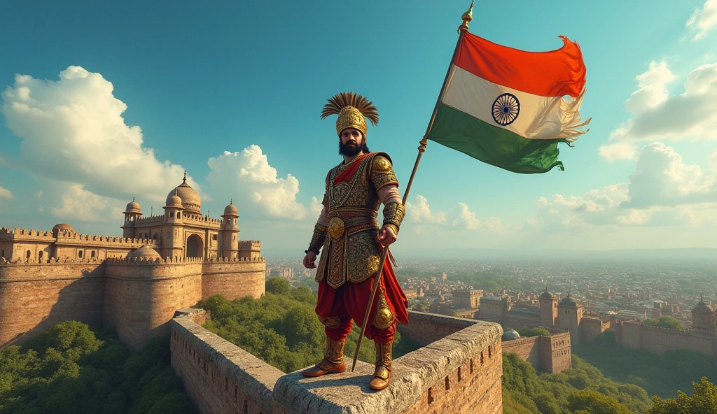 A victorious Maharana Pratap standing on the ramparts of a fort he has just reclaimed, with his flag hoisted above, symbolizing his triumph.