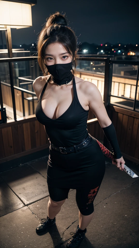 (high quality, 8k, 4k, high contrast, masterpiece:1.2, best quality, best aesthetics), (dynamic angle), Full-body portrait of a sexy female ninja, Masterpiece, (realistic 8k, photorealistic: 1.37), detailed realistic, detailed face and body, plump body, professional art, perfect detailed, confident look, (black hair, ponytail), tight-fitting ninja outfit, mouth covered with a mask, holding a kunai in a traditional ninja style, katana sheathed on her back, composition from a medium to long shot, dynamic pose, standing in a ready-to-strike position, on a traditional Japanese rooftop at night, with a dark, moody atmosphere, dutch angle.