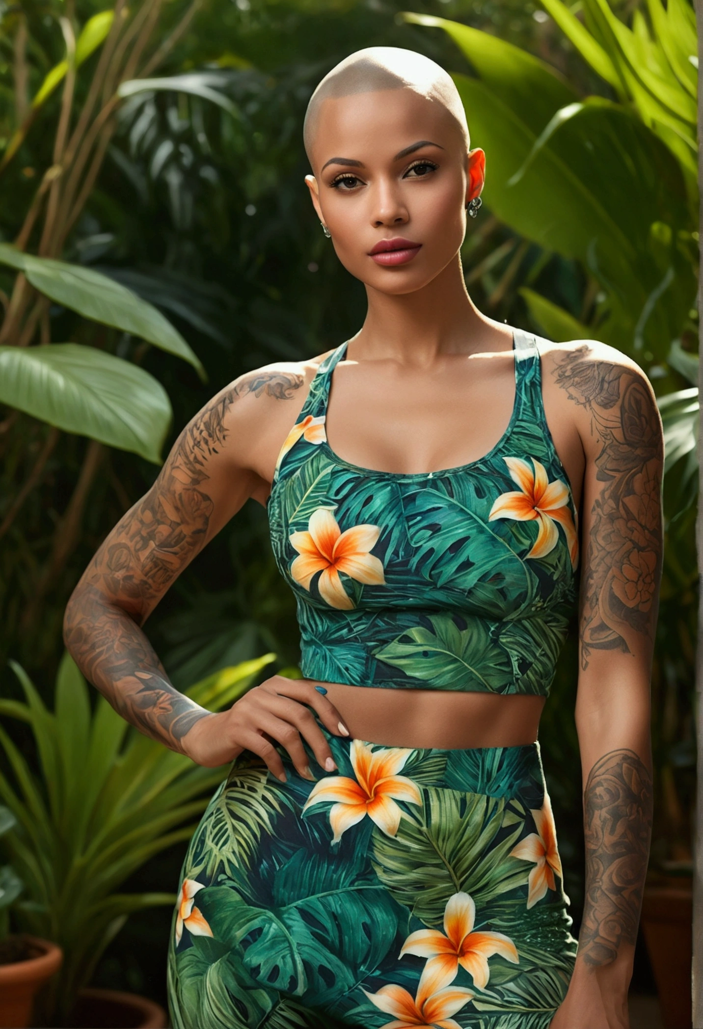 (best quality,4k,8k,highres,masterpiece:1.2),ultra-detailed,(realistic,photorealistic,photo-realistic:1.37),Light brunette thick lips shaved head slim athletic,dark-skinned,beautiful detailed lips,shaved head,slim athletic build,sensual gaze,strong jawline,tattooed arms,dressed in a stylish outfit,standing confidently in a tropical garden,with vibrant green foliage and colorful flowers,soft sunlight casting a warm glow on the scene,emphasizing the rich hues of the surroundings,perfectly capturing the essence of natural beauty,highlighting the strength and grace of the subject,with a sense of tranquility and serenity,exuding a calm and confident aura,immersed in a peaceful atmosphere,conveying a feeling of self-assurance and empowerment,a striking contrast between the dark skin tone and the vibrant colors of the environment.