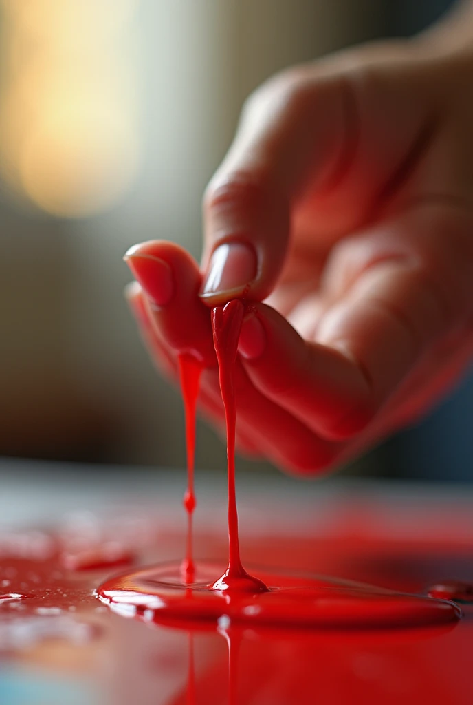 Red paint dripping from a fingers of a hand 
