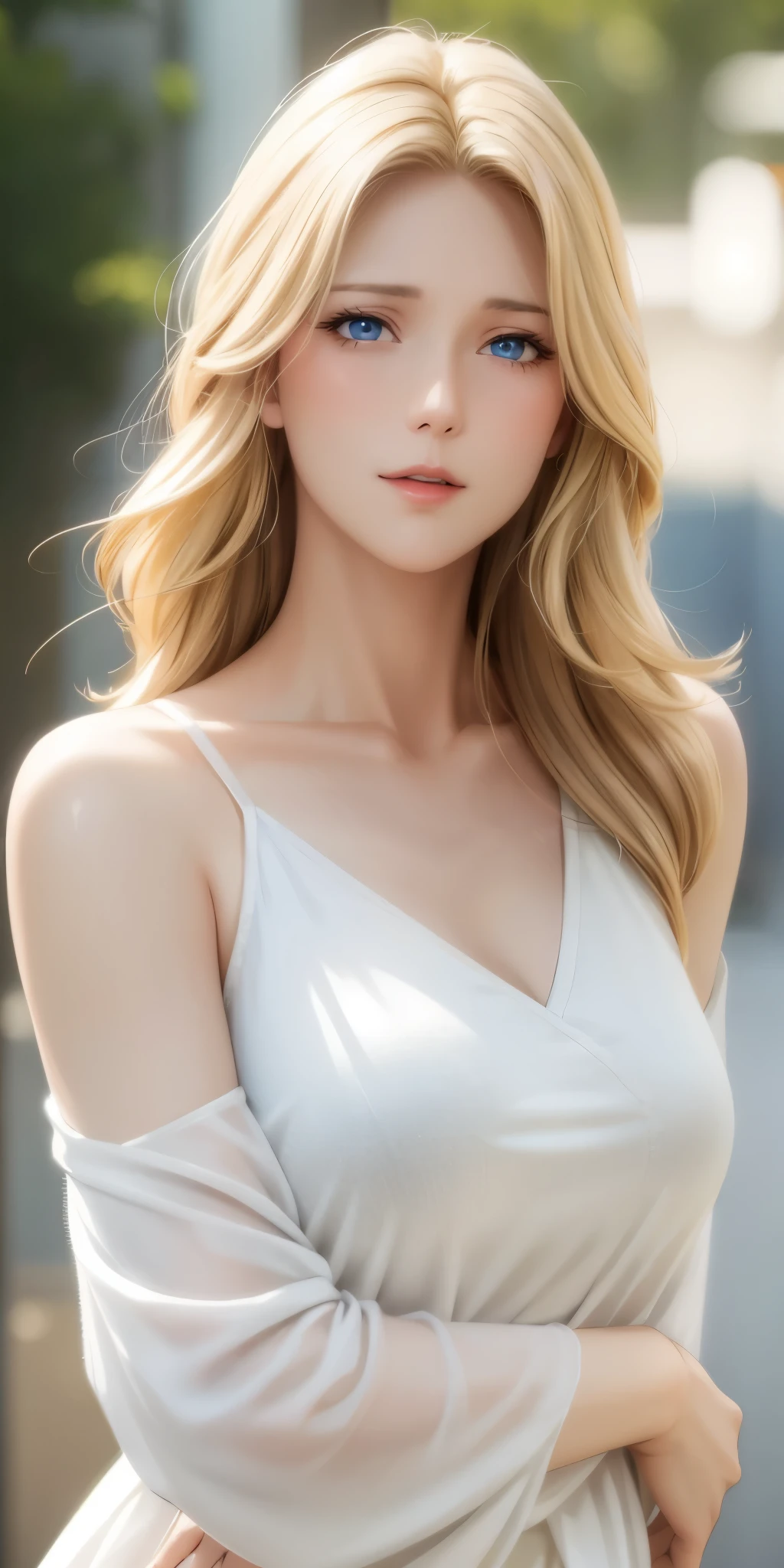 Elegant mature female, blue eyes, blonde hair, soft light, high detailed, 4k resolution, high quality, beautiful cg, 