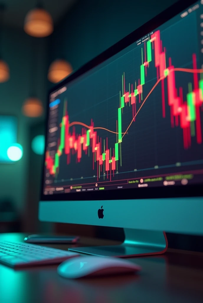 Can you create an 3d image for stock chart trading with three line of moving average line. chart against red and green candlesticks, float up from computer monitor.
