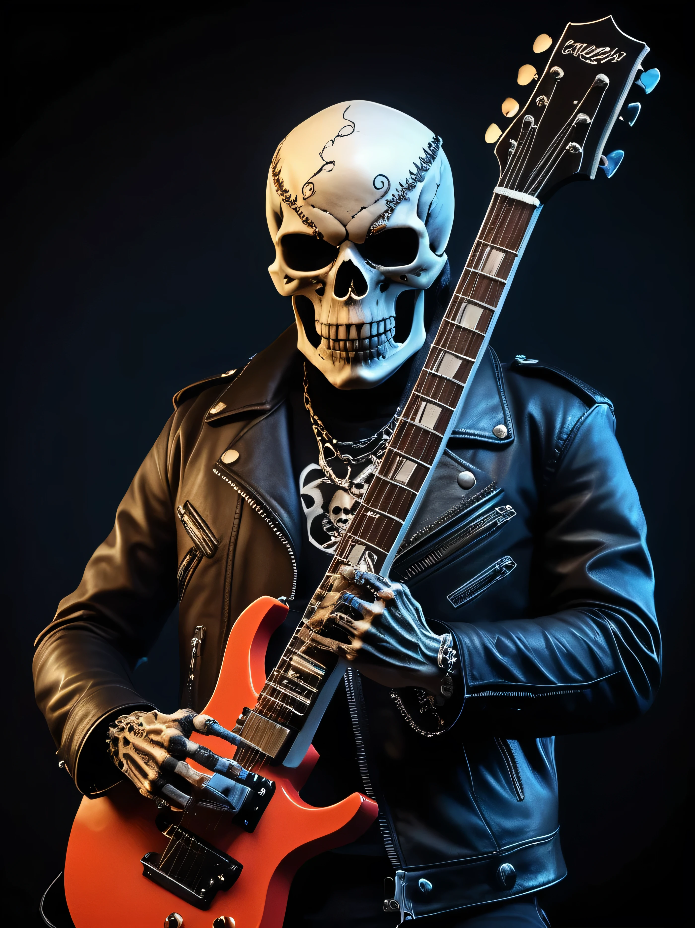 scary skull and body metal music artist from America wearing a bandana, detailed skull and upper skeleton with leather jacket in a dark electric guitar background, (best quality,4k,8k,highres,masterpiece:1.2),ultra-detailed,(realistic,photorealistic,photo-realistic:1.37),horror,highly detailed portrait,dramatic lighting,dramatic pose,intricate details,electric guitar,dark atmosphere,moody,intense,powerful,chiaroscuro