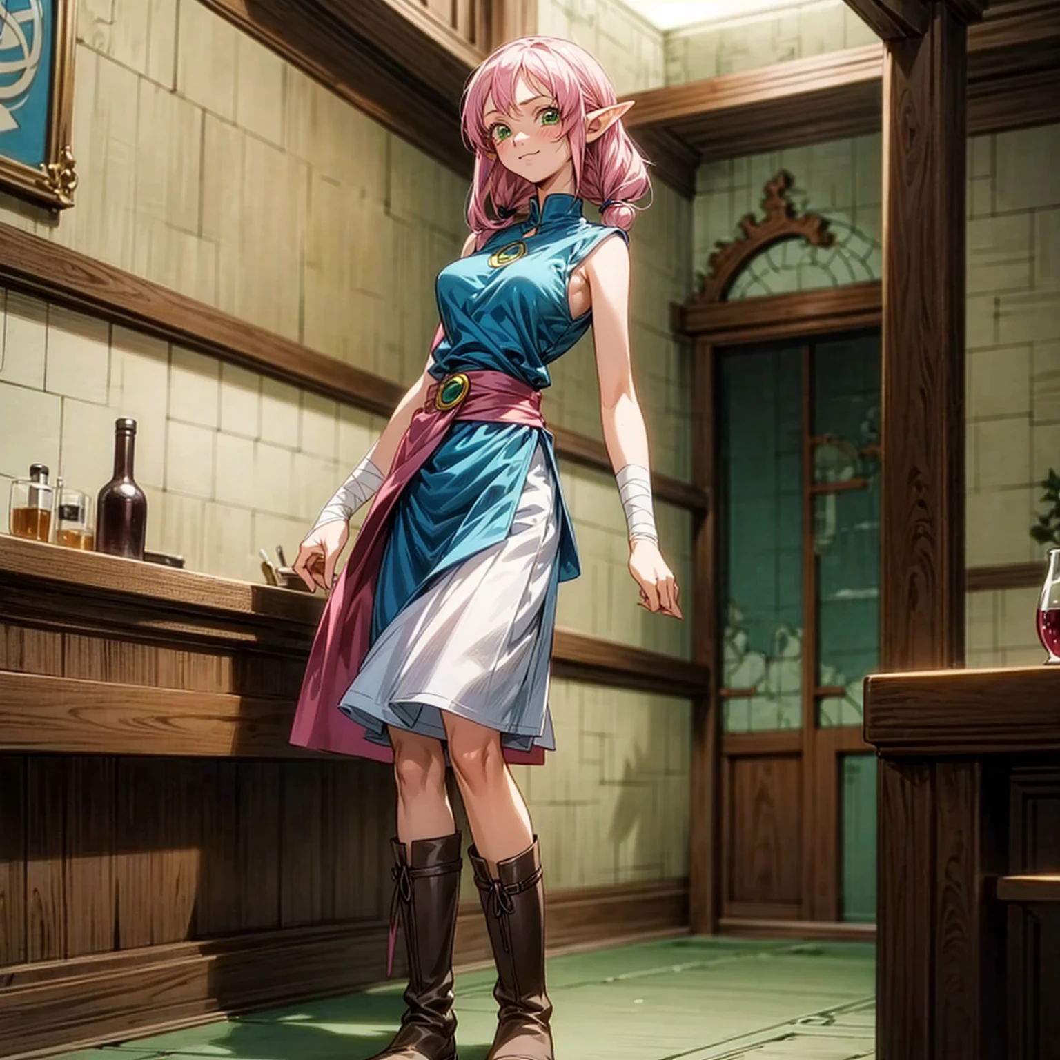 Solo character, full body version, girl, (elf), green eyes, pink color hair, long haircut, blue sleeveless t-shirt, long brown skirt, bandage, boots, indoor, village, bar, medieval, detailed background, detailed clothing, detailed hair, sad eyes, smile mouth, big breast, standing gesture, (one piece style art, Doraemon style art)