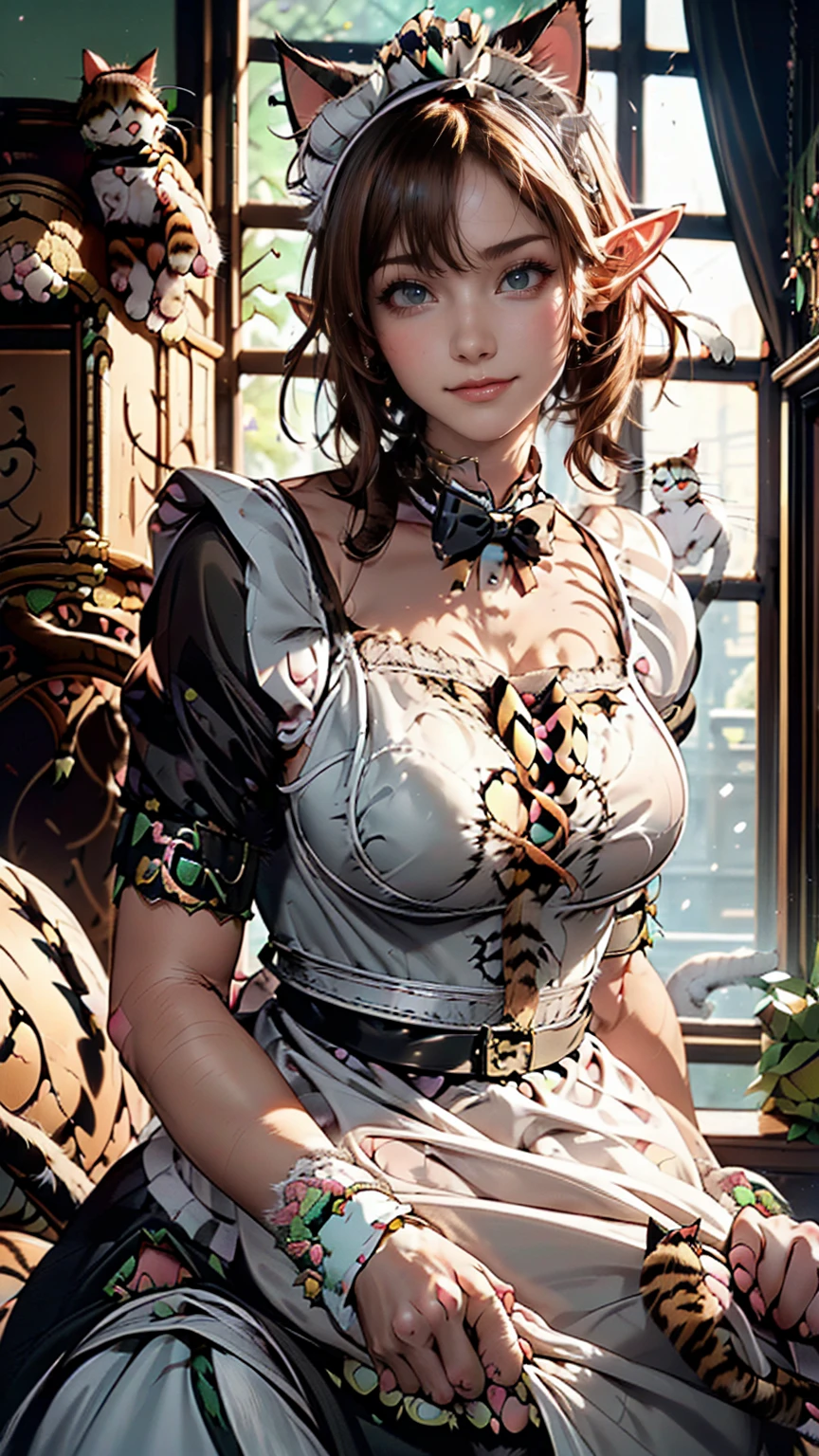 Beautiful woman, (Elf Queen:1.4) Sitting on the throne,(Cat maid outfit:1.8) , Perfect Face, whole body, Victorian era, Aristocratic costume, Intricate decoration, spelling, talk, smile, Put your arms behind your back, Soft Rim Light, Beautifully detailed skies, masterpiece, Ultra-high resolution, high quality, 4K, (photographrealistic:1.2), photograph,