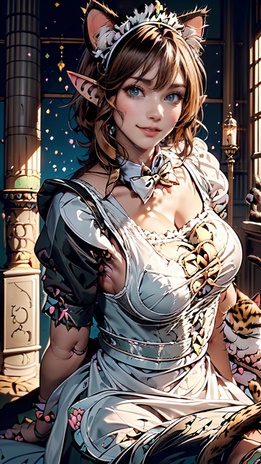 Beautiful woman, (Elf Queen:1.4) Sitting on the throne,(Cat maid outfit:1.8) , Perfect Face, whole body, Victorian era, Aristocratic costume, Intricate decoration, spelling, talk, smile, Put your arms behind your back, Soft Rim Light, Beautifully detailed skies, masterpiece, Ultra-high resolution, high quality, 4K, (photographrealistic:1.2), photograph,