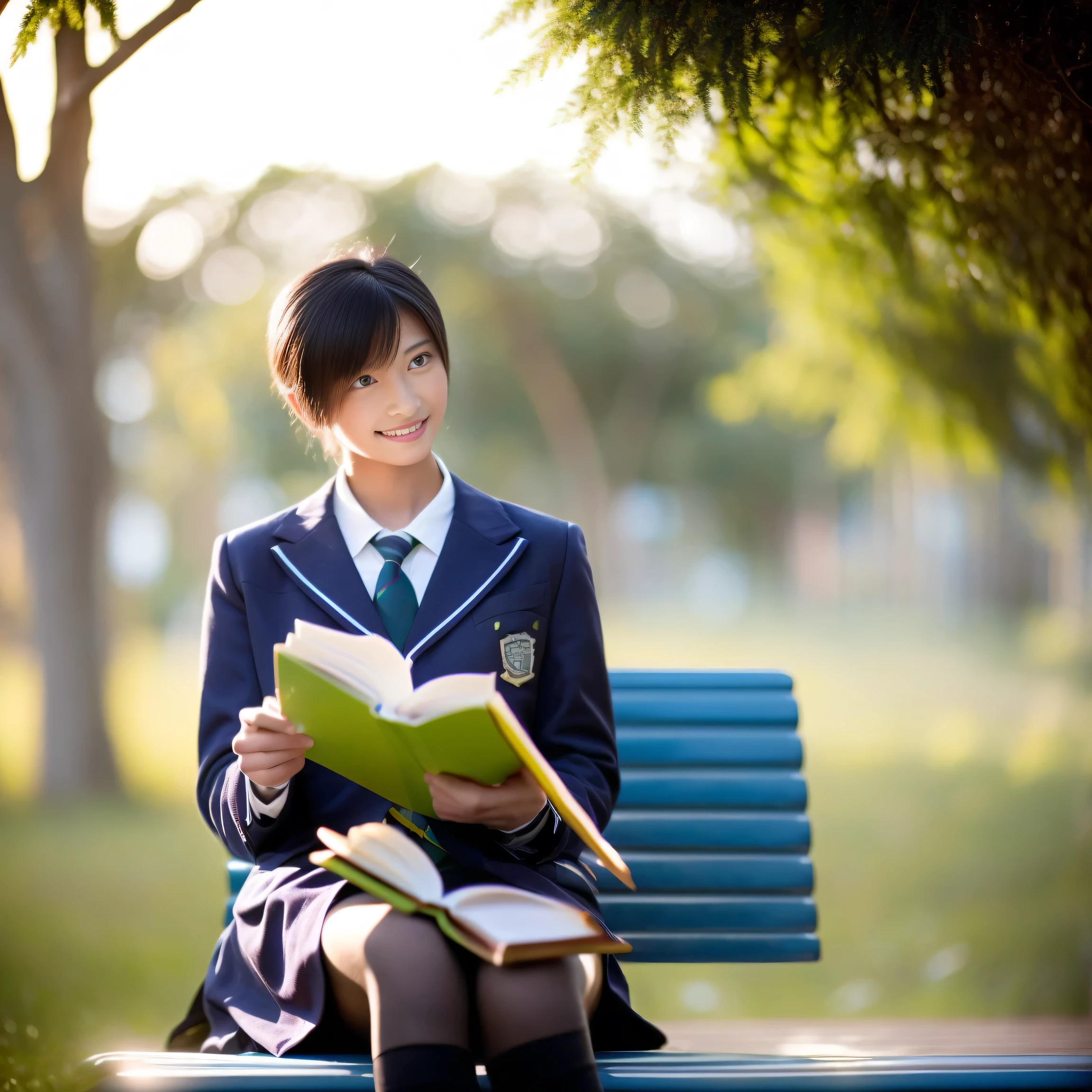 high school student、Wearing school uniform、Realistic、Realistic、men and women、A lazy afternoon、sitting on a park bench、Reading a book together、smile、Highest quality、Japanese