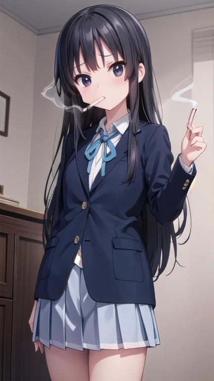 mioakiyama, mio akiyama, long hair, bangs, black hair, (black eyes:1.3), hime cut,
BREAK sakuragaoka high school uniform, school uniform, uniform, blazer, shirt, white shirt, collared shirt, skirt, pleated skirt,
BREAK indoors, classroom,
BREAK looking at viewer, (cowboy shot:1.5),
BREAK (masterpiece:1.2), best quality, high resolution, unity 8k wallpaper, (illustration:0.8), (beautiful detailed eyes:1.6), extremely detailed face, perfect lighting, extremely detailed CG, (perfect hands, perfect anatomy),(Smoking: 1.5), 1 cigarette, cigarette smoke, displeased expression, glaring at me