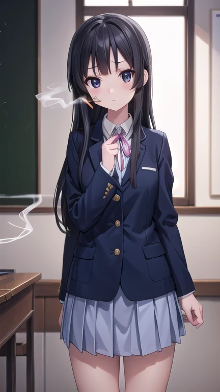 mioakiyama, mio akiyama, long hair, bangs, black hair, (black eyes:1.3), hime cut,
BREAK sakuragaoka high school uniform, school uniform, uniform, blazer, shirt, white shirt, collared shirt, skirt, pleated skirt,
BREAK indoors, classroom,
BREAK looking at viewer, (cowboy shot:1.5),
BREAK (masterpiece:1.2), best quality, high resolution, unity 8k wallpaper, (illustration:0.8), (beautiful detailed eyes:1.6), extremely detailed face, perfect lighting, extremely detailed CG, (perfect hands, perfect anatomy),(Smoking: 1.5), 1 cigarette, cigarette smoke, displeased expression, glaring at me