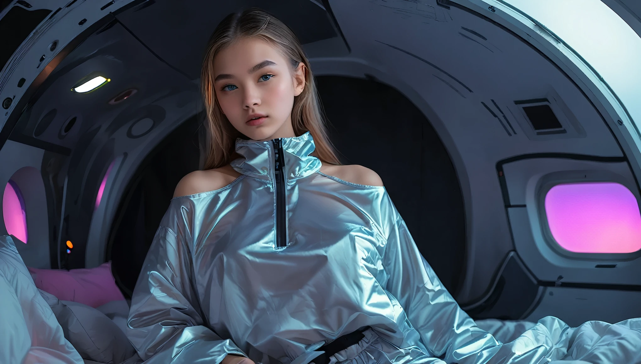 Top Quality, Masterpiece, High Resolution, 8k, wide objective, full body shot, (((skinny cute girl, barely legal, ), (oversized silky see-through puffer jacket with plunging Neckline, off-shoulder, short sleeves), mediumperky breasts, extremely detailed face, detailed eyes, thin eyebrow, detailed lips, no makeup, long slick ponytail side shaved hair, small hips, (in a spaceship, on a bed), dim light, dramatic and neon colors, futuristic setting, intricate details, at night, random pose, random neon colors))