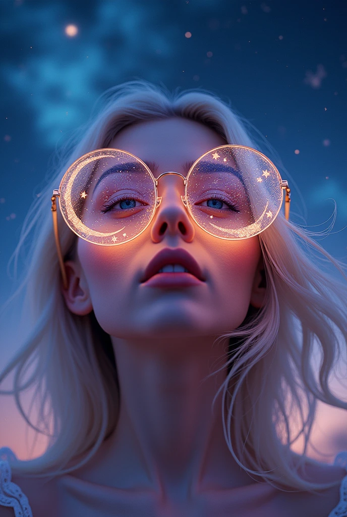 The model is wearing glass sunglasses with stars and the moon on the glass