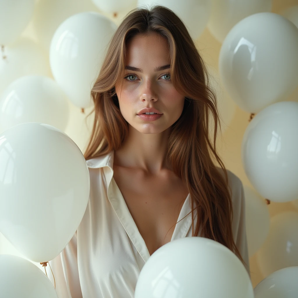 professional photograph of a 35 year old model, masterpiece, best quality, highly detailed background, beautiful evil slavic muscular woman, pale skin,long very light brown hair, perfect lightingbest quality,fashion portrait photo of beautiful woman from the 60s wearing a red turtleneck standing in the middle of a ton of white balloons, taken on a hasselblad medium format camera, dynamic, dramatic, sensual, dynamic pose, highly detailed skin with hair, subcutaneous veins,skin fluff,fine wrinkles,high contrast,best Ray tracing, light and shadow play, highly detailed,24mm photograph, film, bokeh, professional, 4k,
