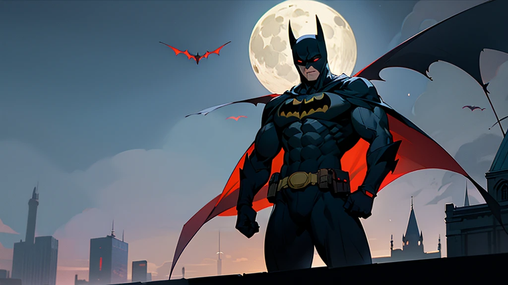 batman,blue cape,mask,white eyes,no pupils ,superhero,bat ears,pouch,spandex, grey bodysuit ,abs,muscular male,red utility belt, moon in the background, standing on roof, full moon, gothic city background, black bat symbol on chest,