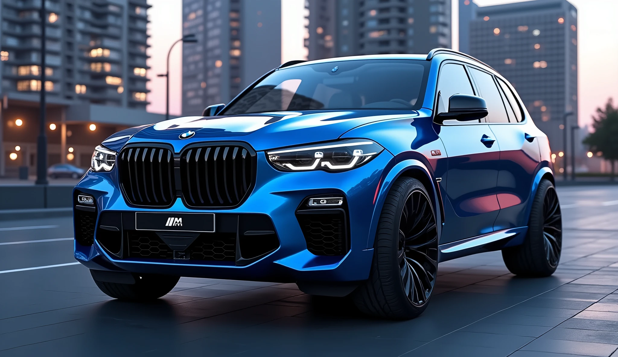 bmw x5m concept, year 2030, detailed futuristic car, highly detailed, 8k, hyper realistic, ray tracing, cinematic lighting, glossy paint, sleek aerodynamic design, led headlights, blue color scheme, glowing accents, advanced technology, hover mode, seamless integrated cockpit, minimalist interior, premium materials