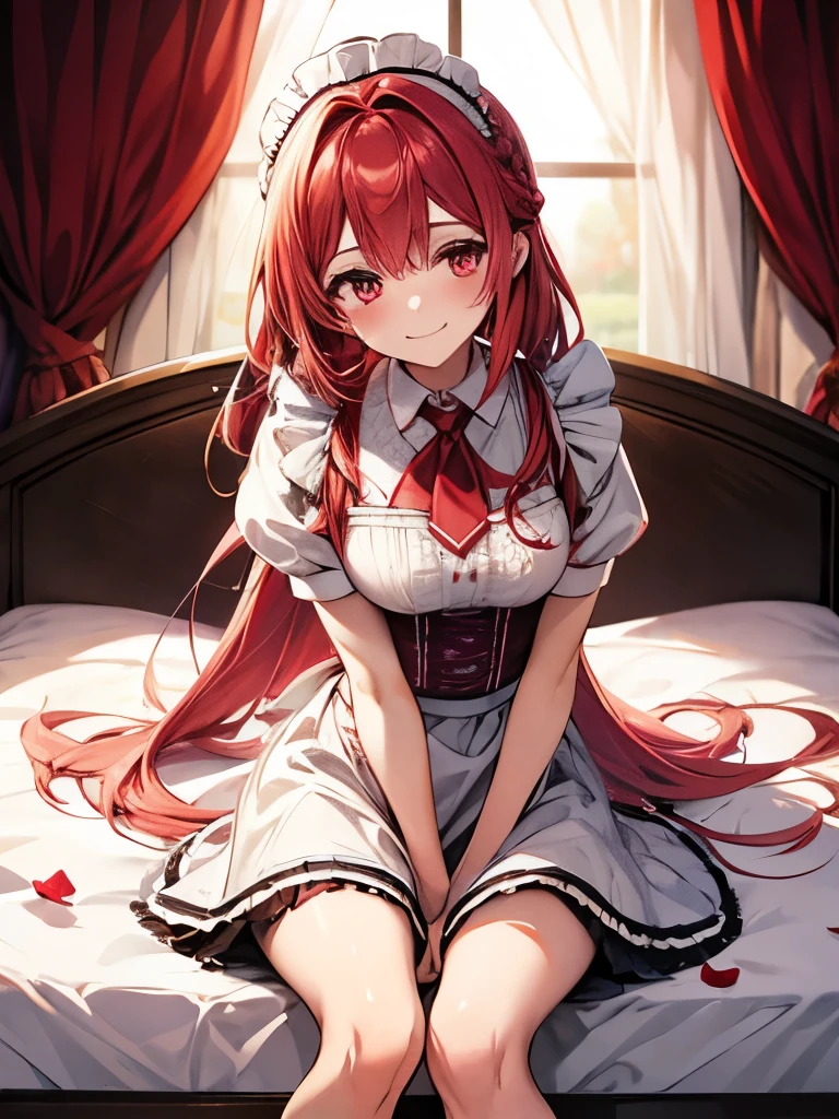 Blur the background、With a warm appearance、Wearing a maid outfit with a garçon look, Crimson tie、she sits by the bedside and smiles sweetly...、Tie your hair、She has a big, bright red ribbon in her hair.、Colorful hair colors、Sparkly air、Dancing Petals、hot summer、amount
