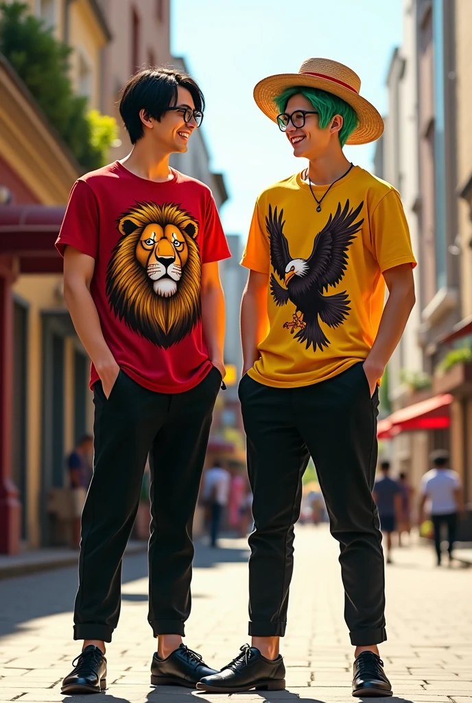 2 men,Black hair,Red short-sleeved shirt with a lion image,black pants,black shoes,Black glasses,Age 20,178cm tall,Not very overweight, just right,green hair,Yellow short-sleeved shirt with an eagle image,black pants,black shoes,Hat with Roronoa Zoro's image,Age 22,176cm tall,Slightly overweight