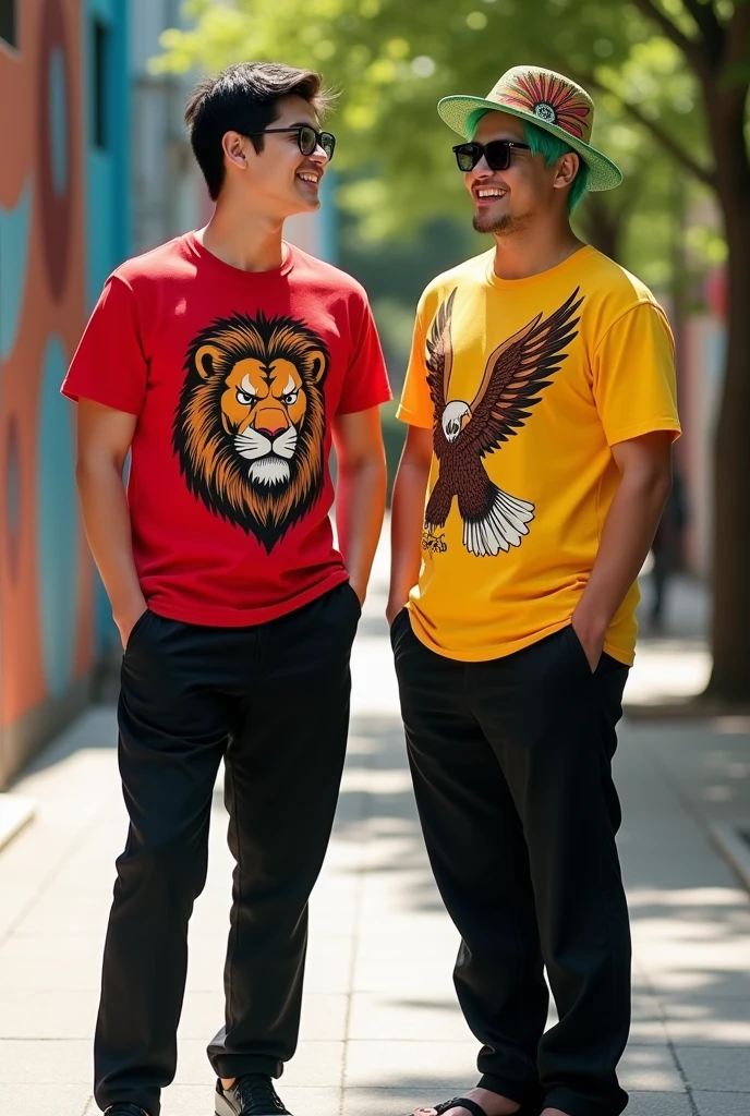 2 men,Black hair,Red short-sleeved shirt with a lion image,black pants,black shoes,Black glasses,Age 20,178cm tall,Not very overweight, just right,green hair,Yellow short-sleeved shirt with an eagle image,black pants,black shoes,Hat with Roronoa Zoro's image,Age 22,176cm tall,Slightly overweight
