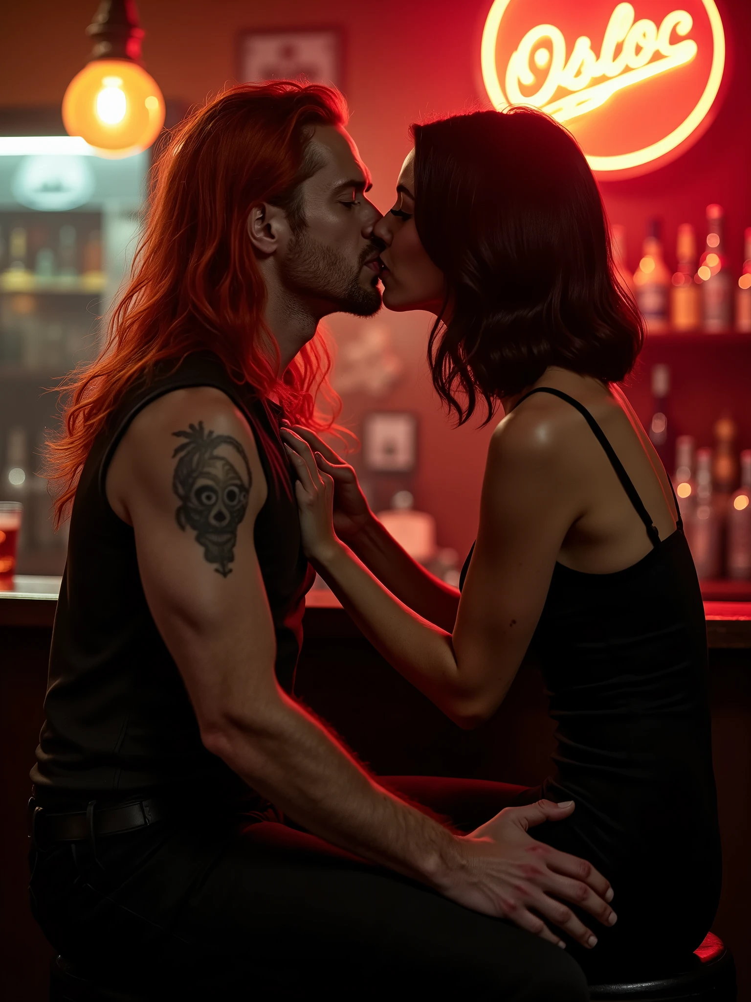 A captivating cinematic scene of a man with long, fiery red hair and piercing blue eyes passionately kissing a woman with dark shoulder-length hair. They sit on a dimly lit bar stool, surrounded by the warm ambiance of a classic bar with vintage neon signs and bottles lining the walls. The couple's intense gaze and the gentle touch of their hands create an electric atmosphere, making the viewer feel the depth of their connection., cinematic