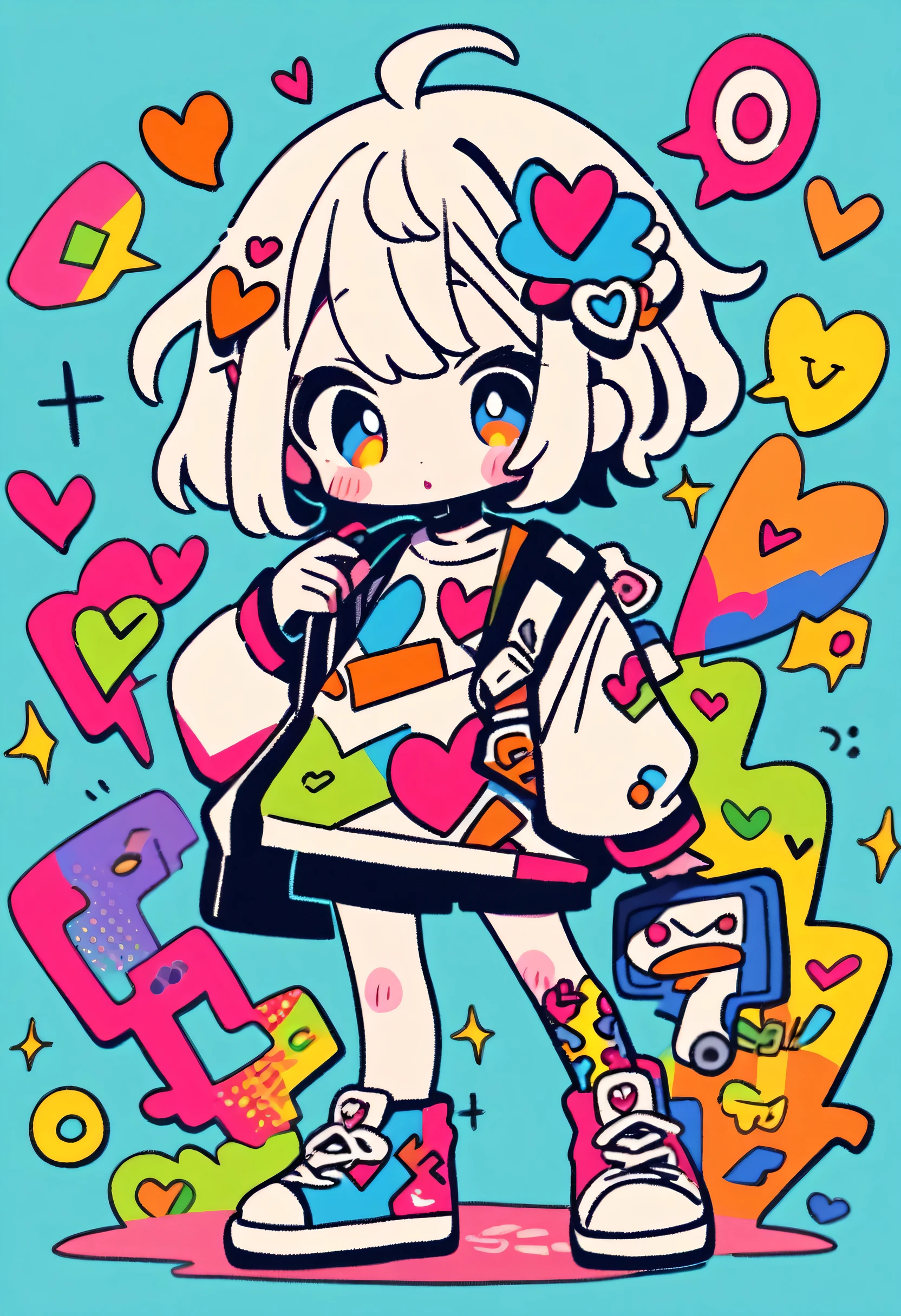 Ultra-realism Keith Haring colorful style, Simple Line Initialism,Abstract art,(((The most beautiful girl of all time))), chibi, Sweet face. Lips in love, colorful hearts, stylish design, 夏のスポーツファッション, 黒い瞳, Walking