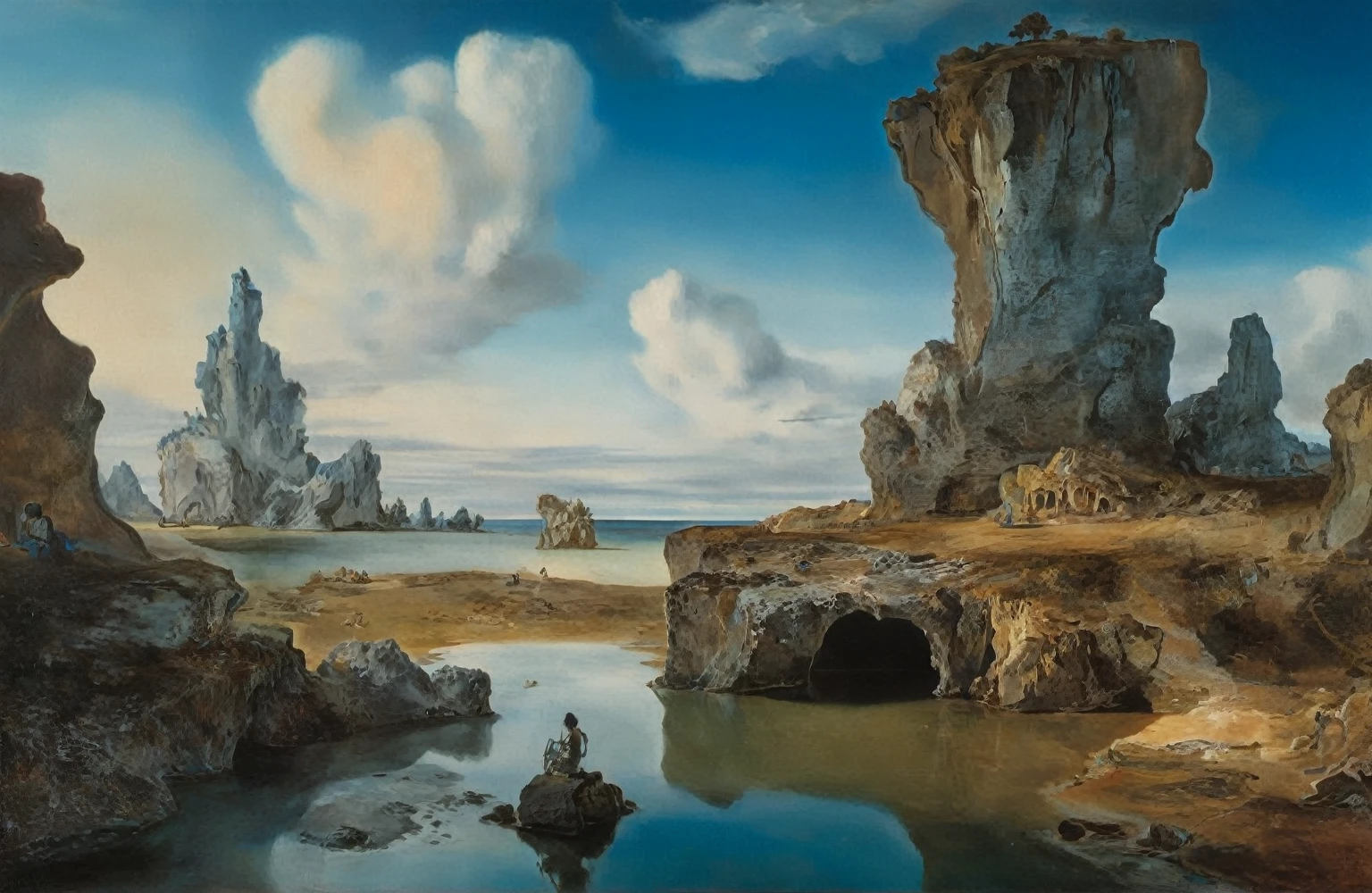 Flow of time by Salvador Dali,Magic,(style of Jean-Antoine Watteau):0.1.   This spinal landscape, with its frenzied rocks towering into the air above the silent swamp, has attained an organic life more real than that of the solitary nymph sitting in the foreground. The image depicts a surreal.    This is a landscape painting of a desert landscape, a house with children sitting on its ledge, overlooking a rocky shore leading to the ocean. with smaller formations in the background under a blue sky, with a hint of a sunset. painting of  calm water in front of a rock formations. The sky is cloudy. Tiny people figures that appear robotic or distorted