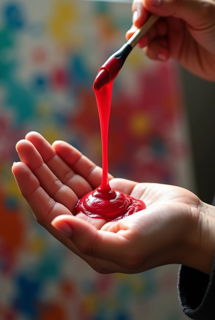 Red paint dripping from palm to fingers of a hand 
