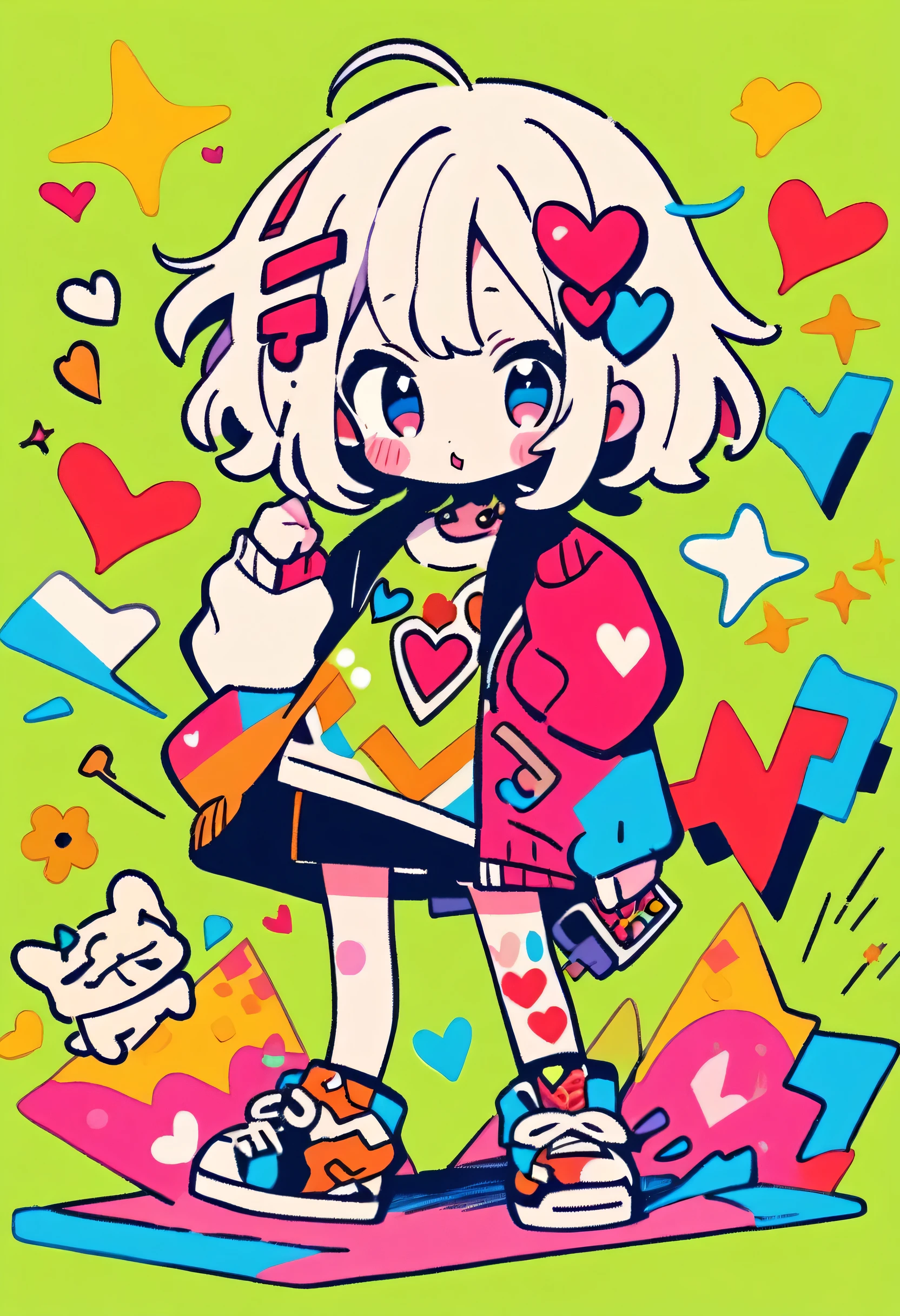 Ultra-realism Keith Haring colorful style, Simple Line Initialism,Abstract art,(((The most beautiful girl of all time))), chibi, Sweet face. Lips in love, colorful hearts, stylish design, 夏のスポーツファッション, 黒い瞳, Walking