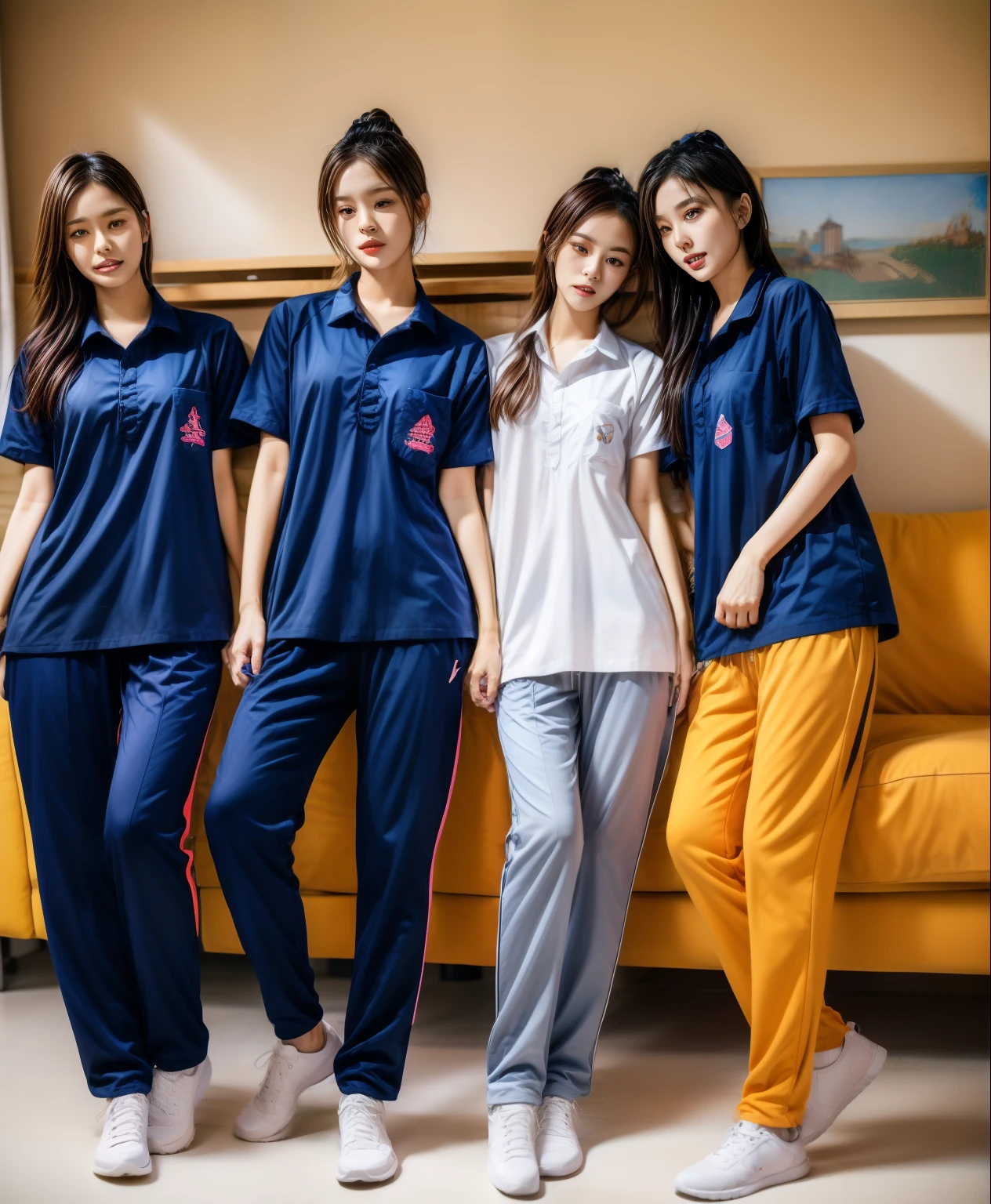3 girls lie about on sofa living room, Navy blue short-sleeved shirt,Navy Long Trackpant,Sweatpants, Sweatpantsขายาว,25 year old girl, lesbian, sexy, exercise clothes, wet body, exercise clothes