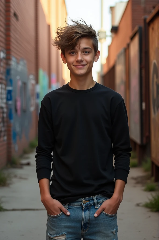 A 19 year old boy with black shirt and jeans