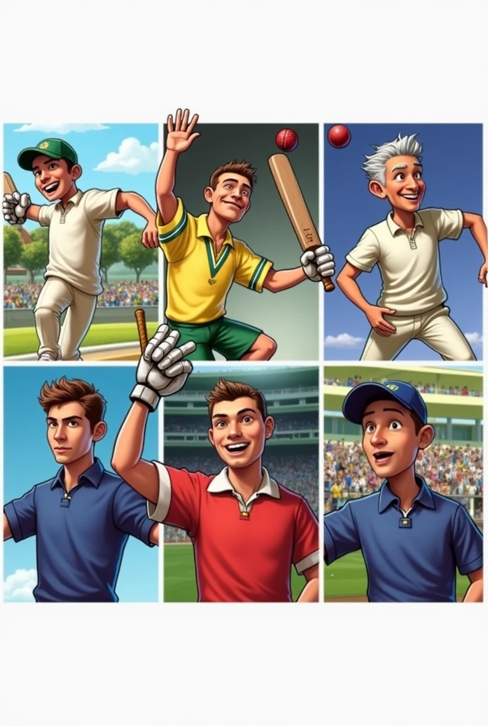 Make cricket tournament poster. young boys vs old boys. In this image uper 3 people in old boys team and down 3 people is young boys team. Please make animated poster using this faces