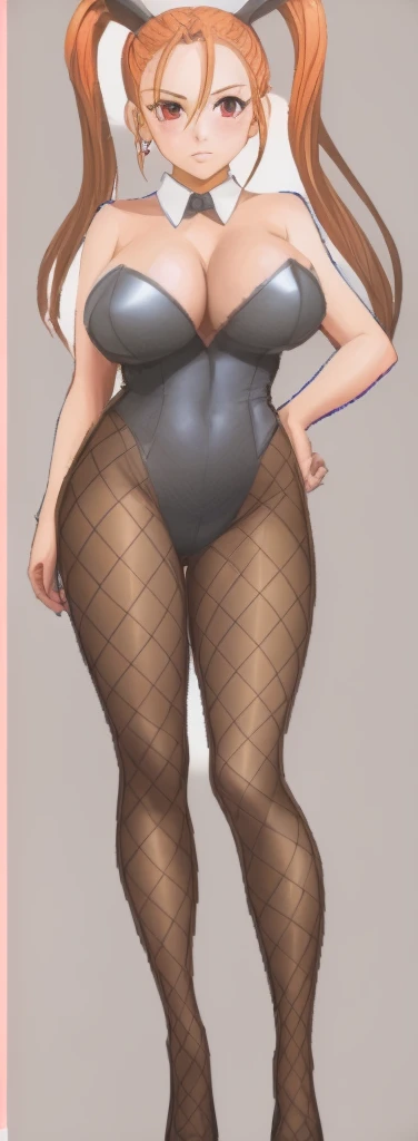 Jessica, with her large breasts, beautiful legs, and twintails, is standing with her hands on her hips, wearing a black high-cut bunny suit and fishnet tights.。