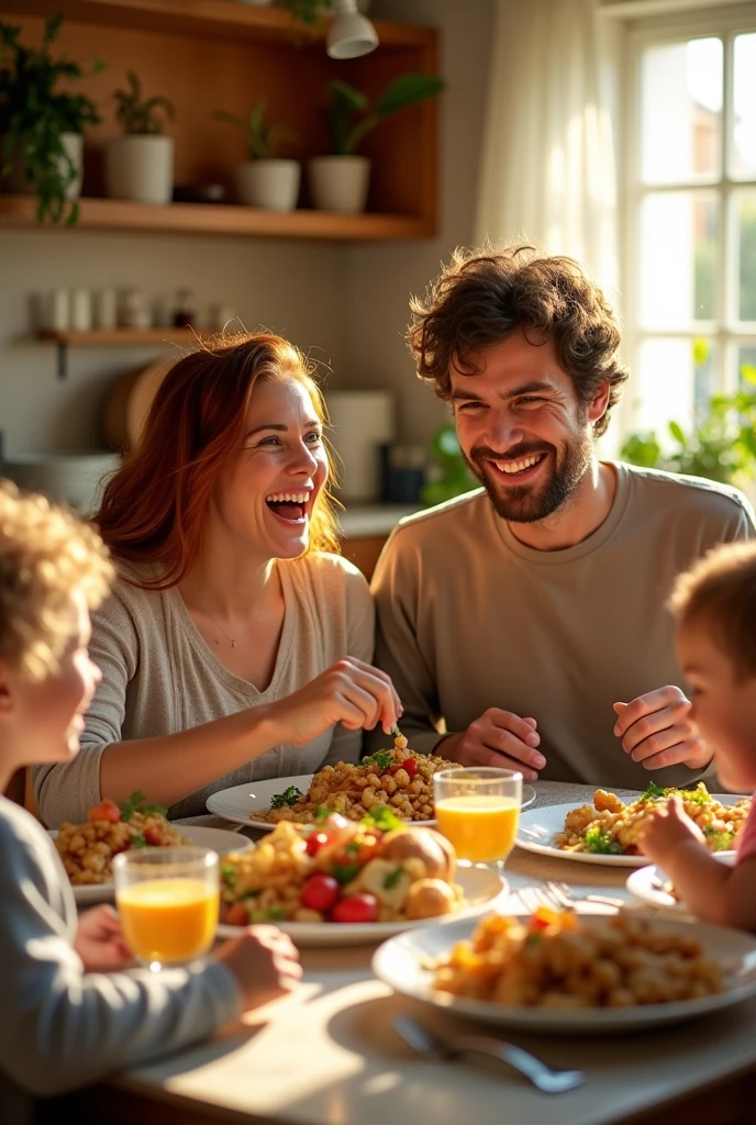 Happy family eating and talking to each other