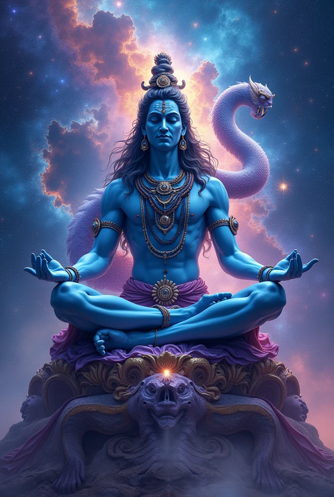 3. "Lord Shiva seated on a throne of galaxies, with a cosmic serpent"