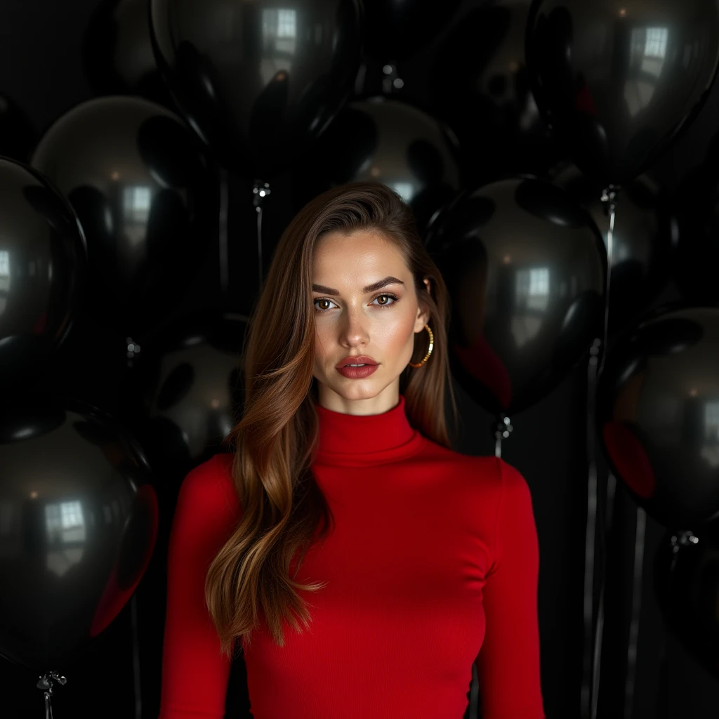 professional photograph of a 35 year old model, masterpiece, best quality, highly detailed background, beautiful evil slavic muscular woman, pale skin,long very light brown hair, perfect lightingbest quality,fashion portrait photo of beautiful woman from the 60s wearing a red turtleneck standing in the middle of a ton of black balloons, taken on a hasselblad medium format camera, dynamic, dramatic, sensual, dynamic pose, highly detailed skin with hair, subcutaneous veins,skin fluff,fine wrinkles,high contrast,best Ray tracing, light and shadow play, highly detailed,24mm photograph, film, bokeh, professional, 4k,