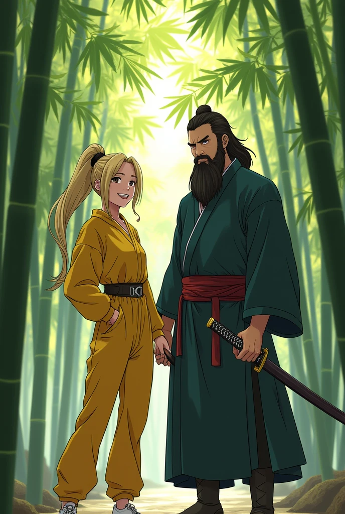 Draw Beatrix Kiddo smiling next to Musashi Miyamoto with a beard, in an adult and realistic anime style.

