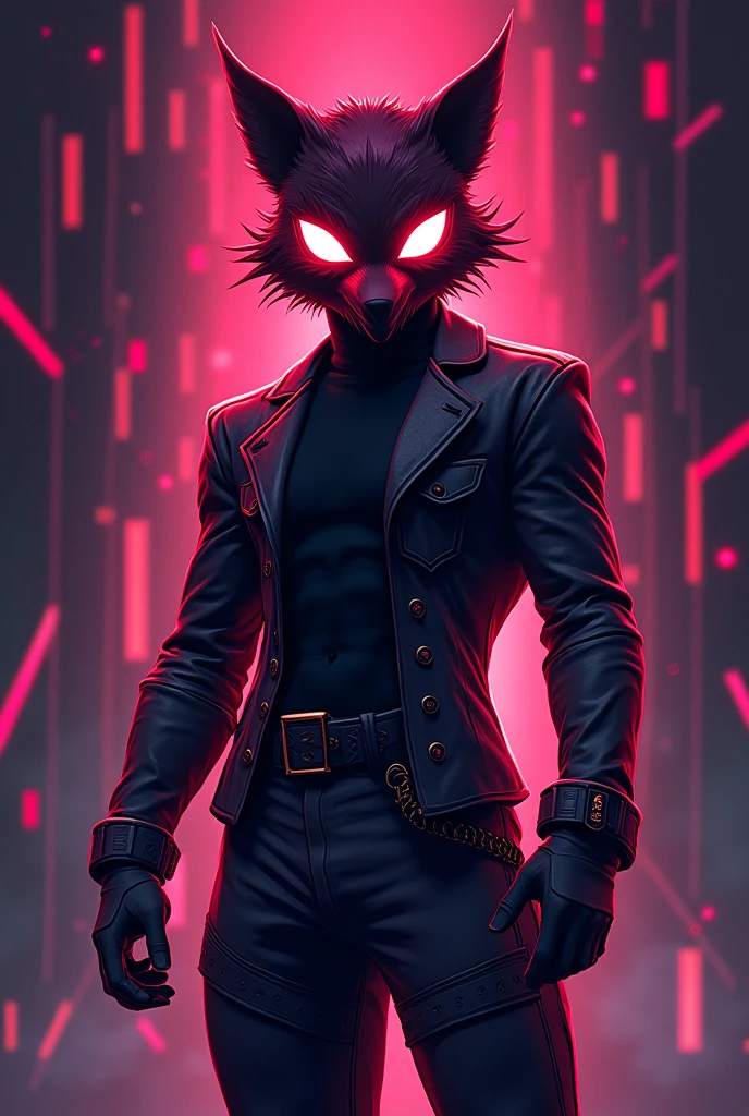 Make a free fire gaming logo with head: dark ruby (head), mask: curious hatter (mask) body: black turtleneck, pant: pure angel(M), shoe: hidden blast (shoes) and gaming logo name is