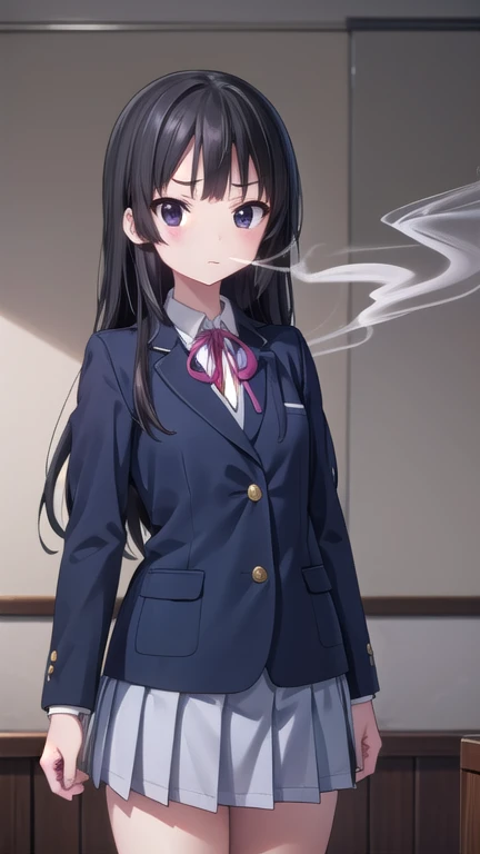mioakiyama, mio akiyama, long hair, bangs, black hair, (black eyes:1.3), hime cut,
BREAK sakuragaoka high school uniform, school uniform, uniform, blazer, shirt, white shirt, collared shirt, skirt, pleated skirt,
BREAK indoors, classroom,
BREAK looking at viewer, (cowboy shot:1.5),
BREAK (masterpiece:1.2), best quality, high resolution, unity 8k wallpaper, (illustration:0.8), (beautiful detailed eyes:1.6), extremely detailed face, perfect lighting, extremely detailed CG, (perfect hands, perfect anatomy),(Smoking: 1.5), 1 cigarette, cigarette smoke, displeased expression, glaring at me