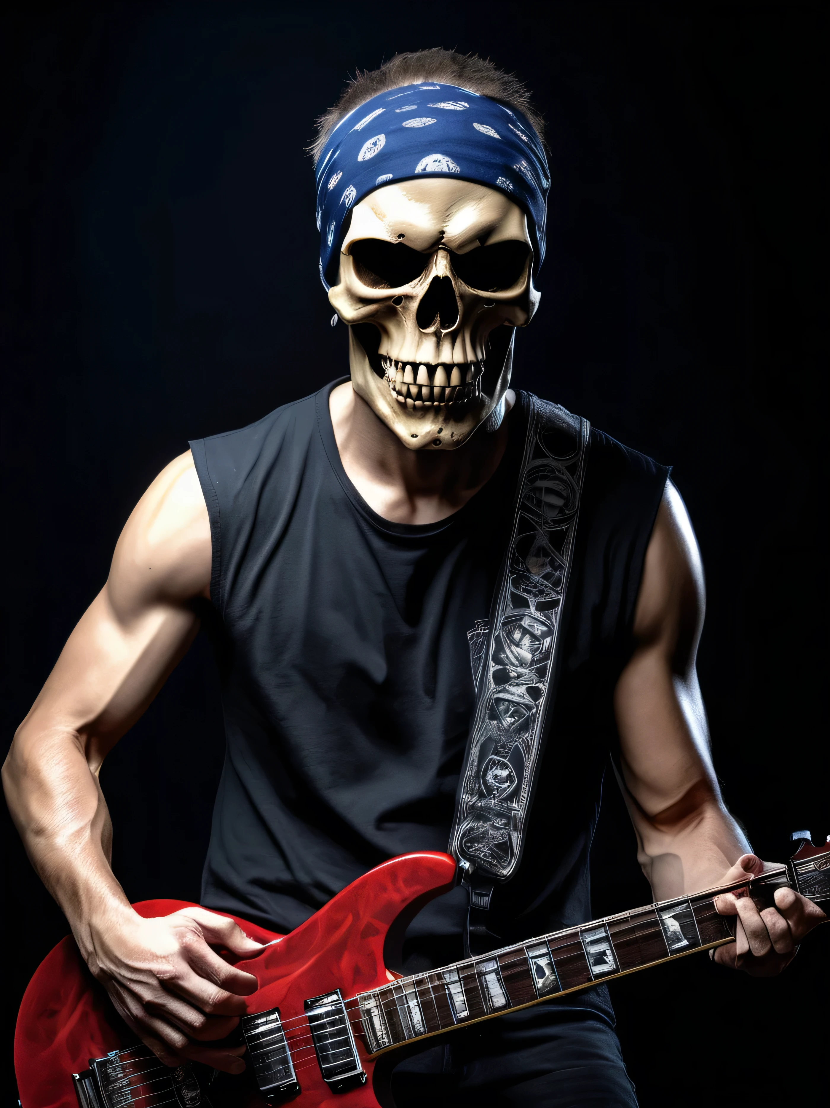 scary skull and body metal music artist from America wearing a bandana, detailed skull and upper body in a dark electric guitar background, (best quality,4k,8k,highres,masterpiece:1.2),ultra-detailed,(realistic,photorealistic,photo-realistic:1.37),horror,highly detailed portrait,dramatic lighting,dramatic pose,intricate details,electric guitar,dark atmosphere,moody,intense,powerful,chiaroscuro