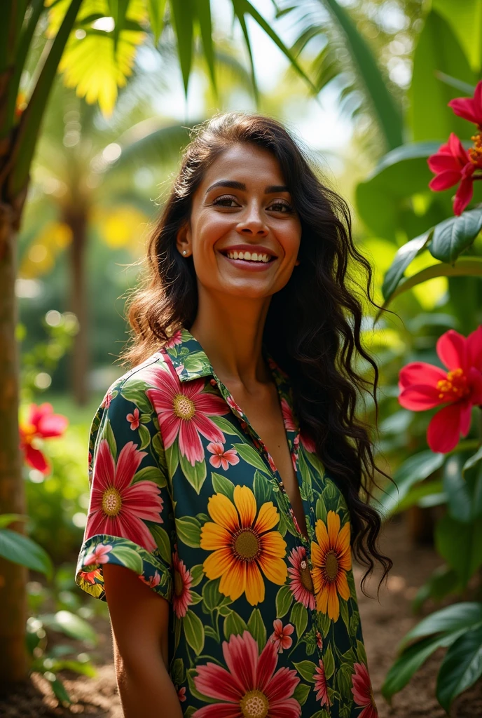 A Brazilian woman in a lush tropical garden, wearing an open shirt with a floral print, with a close-up capturing the harmonious beauty between her breasts and the natural flowers, showing off your natural charm and outgoing personality.