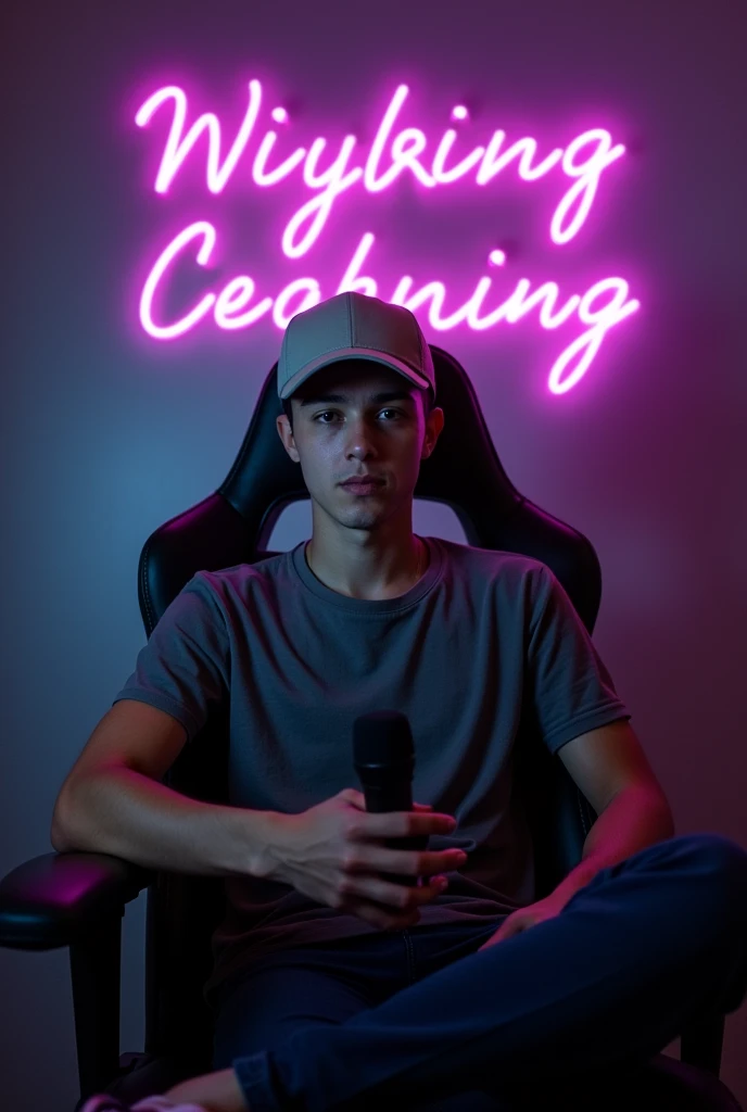 A young man with short hair and a light baseball cap is speaking into a microphone. He is seated in a gaming chair with a neutral background featuring a dimly lit room. Have a A neon sign . And he sitting on the center of the image. Normal expression. He appears engaged and relaxed.The character look stright front viewof the camara.