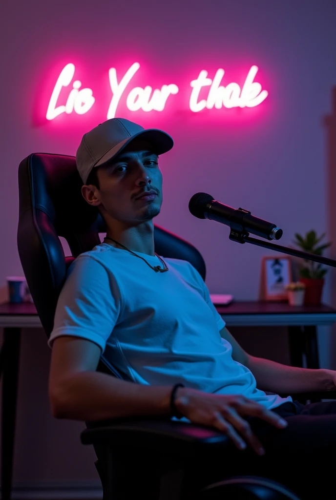A young man with short hair and a light baseball cap is speaking into a microphone. He is seated in a gaming chair with a neutral background featuring a dimly lit room. Have a A neon sign . And he sitting on the center of the image. Normal expression. He appears engaged and relaxed.The character look stright front viewof the camara.