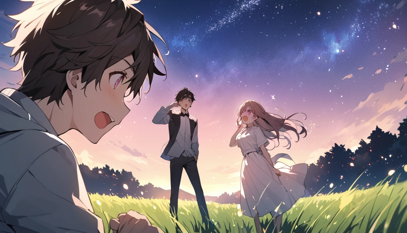 good looking, 2 high school students, Date,1 male, 1 female,Dark brown hair, Pink highlights on the tip, Pale pink eyes,A vast night sky with twinkling stars,A vast grassland,Surprised expression