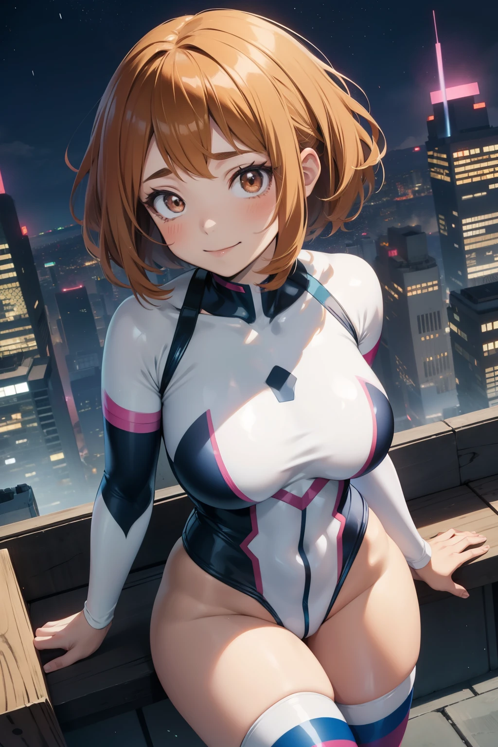 Ochaco Uraraka  ,1girl , anime , masterpiece  ,  smug smile ,short hair, spider-gwen  custome  leotard  ,collant,  coxas , huge  breasts , thighs , night  city, sexy , rosy cheeks , back