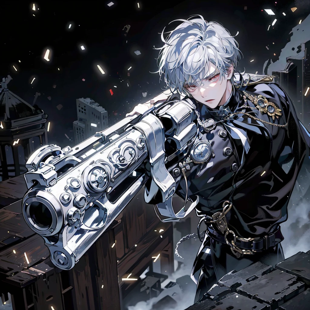 A ruined city, on the roof of a guardhouse,
A handsome man with short white hair, wearing a black uniform, red eyes, holding a white revolver with engraved patterns in his left hand,
Standing on the roof, shooting, surrounded by ruined buildings, abandoned cars, front, surrounded by white fog, light particles, black sky, gloomy atmosphere, anime style, perfect details, Blu-ray quality 32K