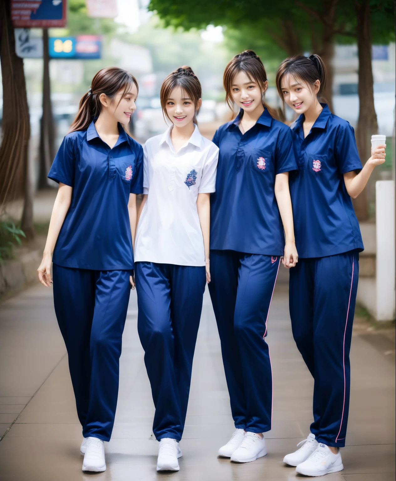 3 girls sleep on bed, Navy blue short-sleeved shirt,Navy Long Trackpant,Sweatpants, Sweatpantsขายาว,25 year old girl, lesbian, sexy, exercise clothes, wet body, exercise clothes