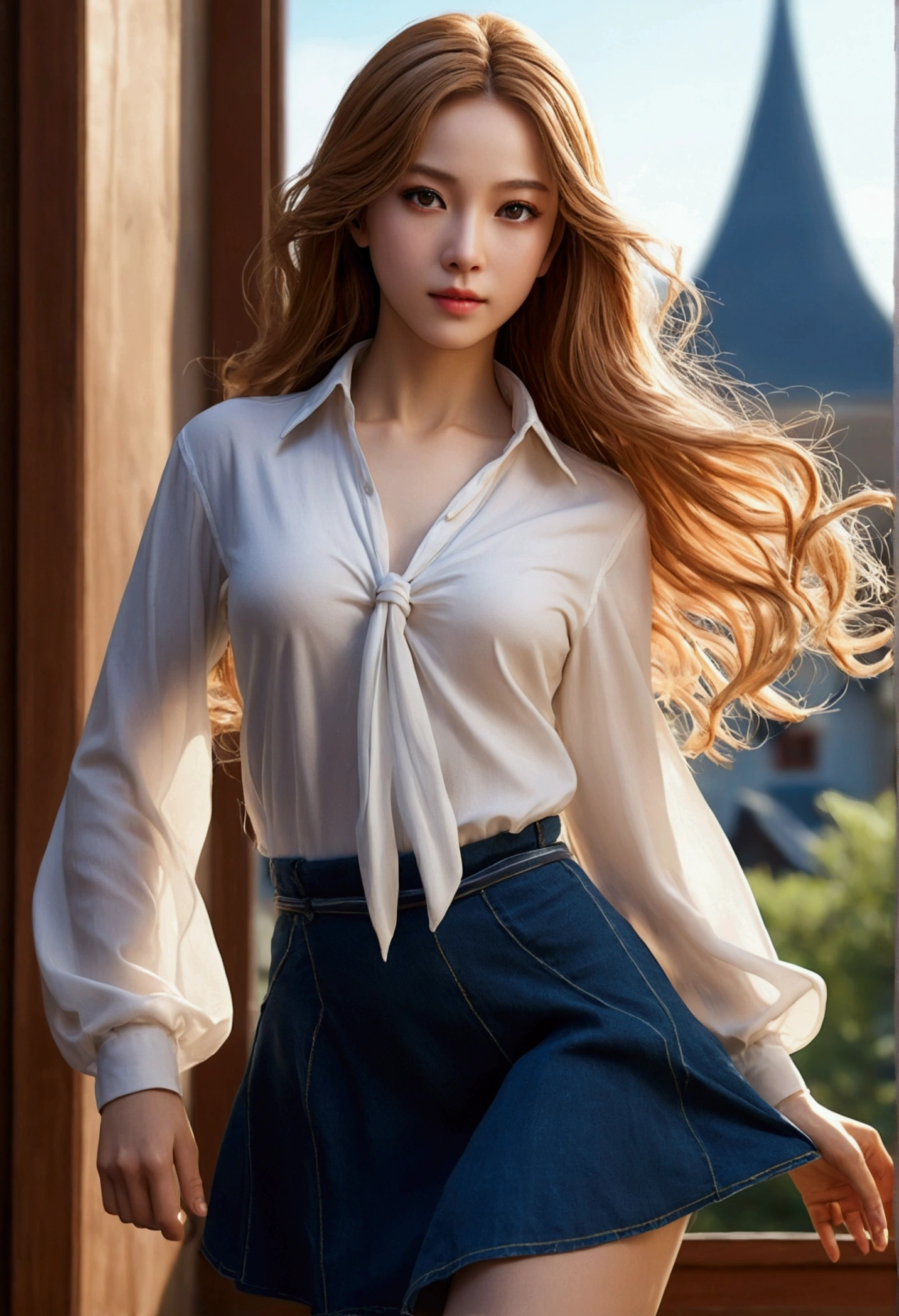 A woman with light brown long hair, a delicate face, a blank look in her eyes, a slender and firm dancer's figure, a fantasy-realistic style outfit, she ties a French shirt at her chest, revealing her graceful waistline, she wears tight jeans on her lower body, a flowing skirt is gracefully tied around her waist, she walks leisurely in a fantasy-style town, this character embodies a finely crafted fantasy-realistic style female dancer in anime style, exquisite and mature manga art style, beautiful woman, high definition, best quality, highres, ultra-detailed, ultra-fine painting, extremely delicate, professional, anatomically correct, symmetrical face, extremely detailed eyes and face, high quality eyes, creativity, RAW photo, UHD, 8k, Natural light, cinematic lighting, masterpiece-anatomy-perfect, masterpiece:1.5