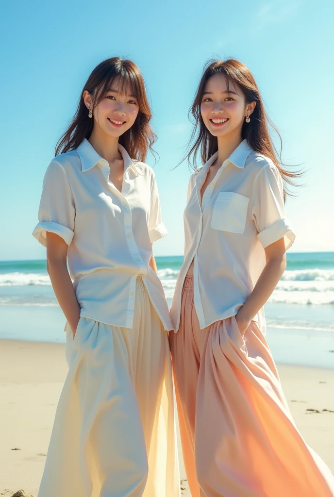 ((best quality)), ((masterpiece)), (detailed), Perfect face,Two Japanese women,unmade-up teenagers,Standing full body,Clean to the toes,Big Breasts:1.3,Huge breasts:1.3,High-cut top:1.3,company, Round breasts:1.3,White shirt,Long skirt,((Do not shoot,not good)),A bright smile,soft sunlight on the beach,Topic Depth,Sharp focus,Natural soft light
