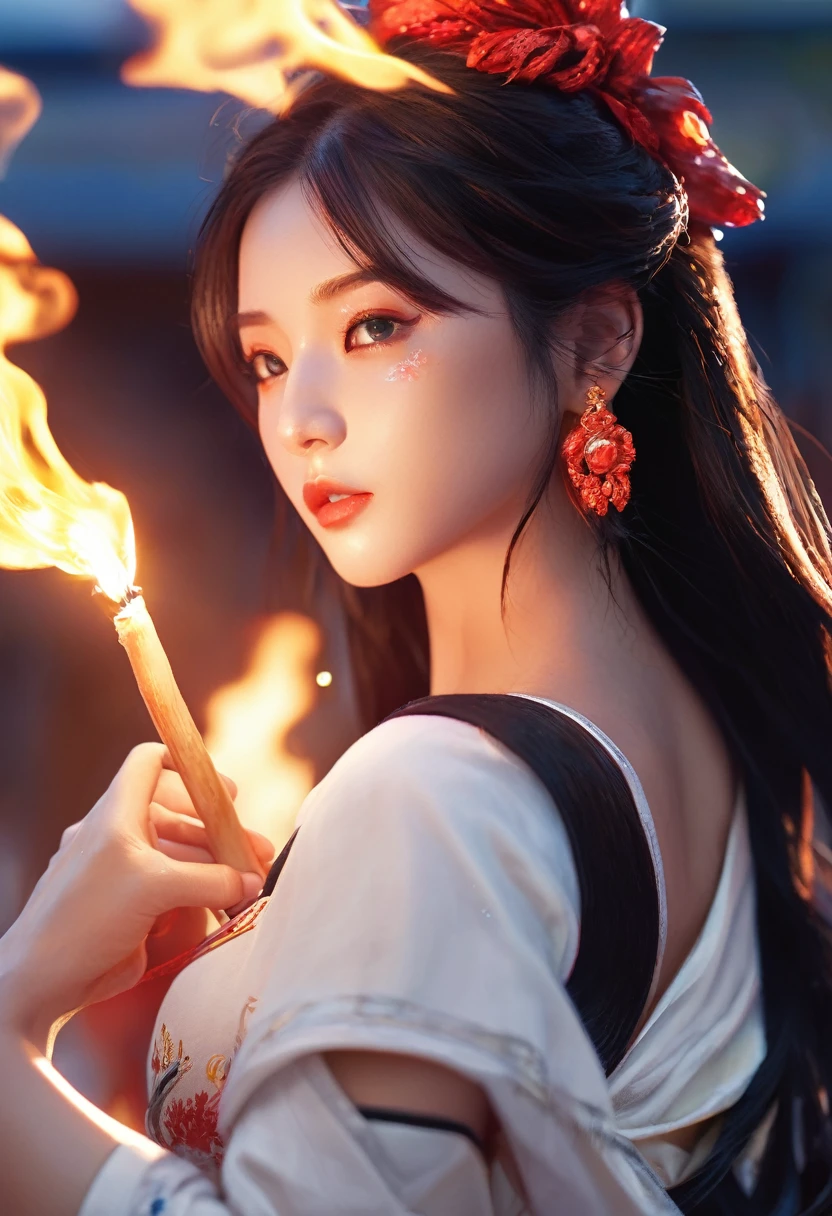 4K anime style quality, digital drawing mode, culture-themed anime female character, long black hair with fiery red highlights, intense amber eyes, wearing a traditional dance outfit adorned with fire symbols, holding flaming torches, Blur the background to create a three-dimensional effect, atmosphere, dancing at the Festival of Flames to invoke power, radiant skin, flowing hair, glossy lips, passionate eyes, full body, dynamic pose, life size, perfect anatomy, detailed skin texture, full HD, 4K, HDR, perfect anatomy, depth of field.